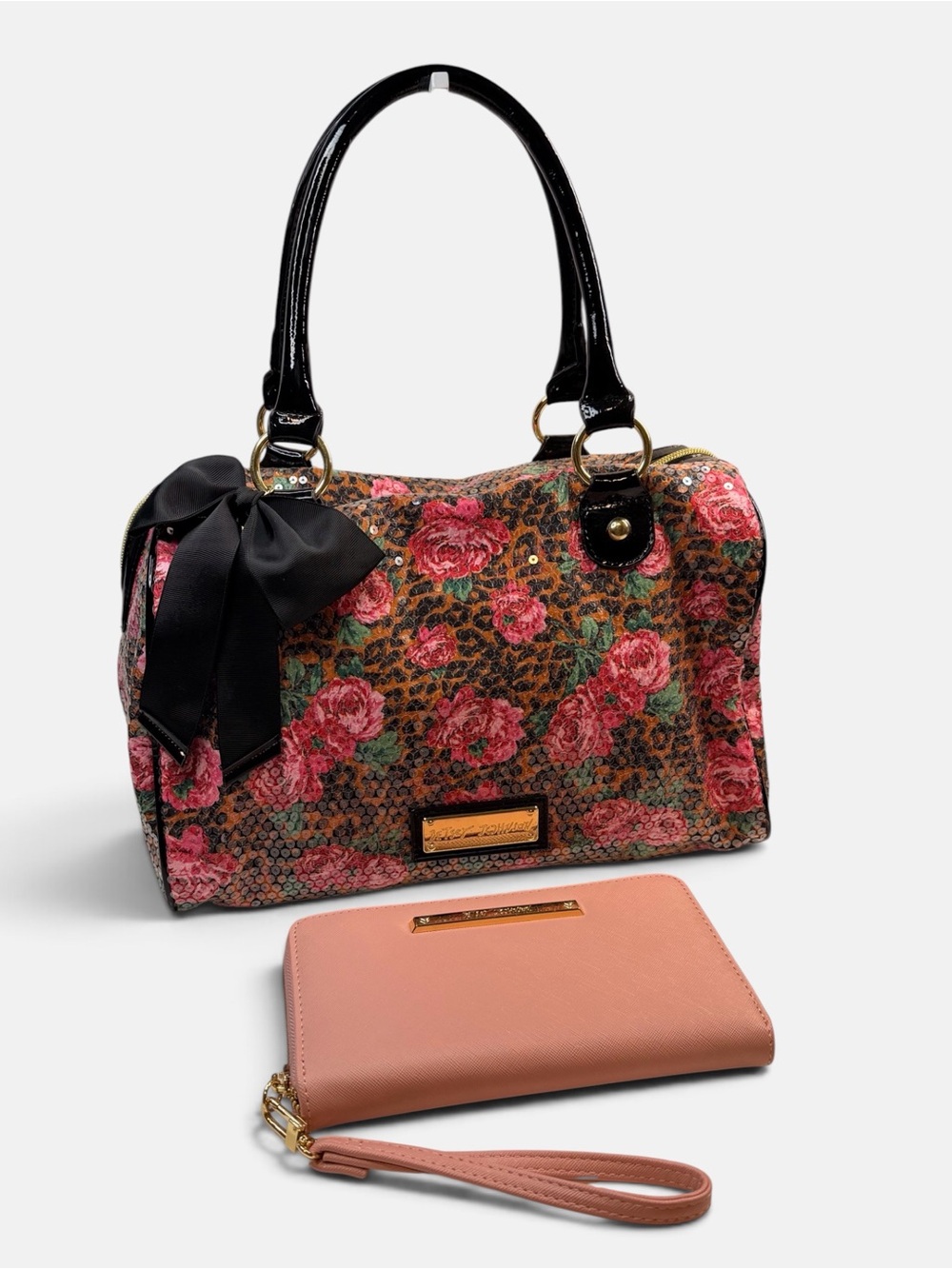 Betsey Johnson Y2K Sequin Leopard Rose Satchel Shoulder Bag + Matching Wallet